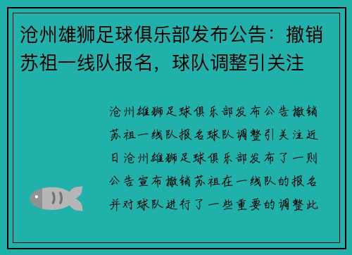 沧州雄狮足球俱乐部发布公告：撤销苏祖一线队报名，球队调整引关注