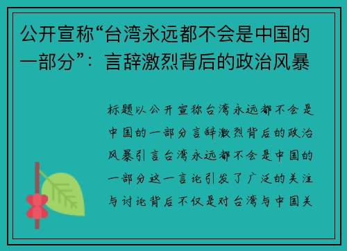 公开宣称“台湾永远都不会是中国的一部分”：言辞激烈背后的政治风暴