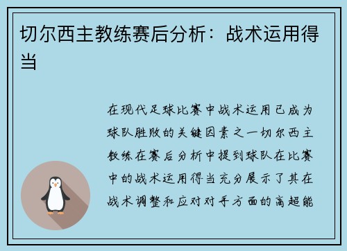 切尔西主教练赛后分析：战术运用得当