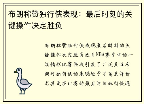 布朗称赞独行侠表现：最后时刻的关键操作决定胜负