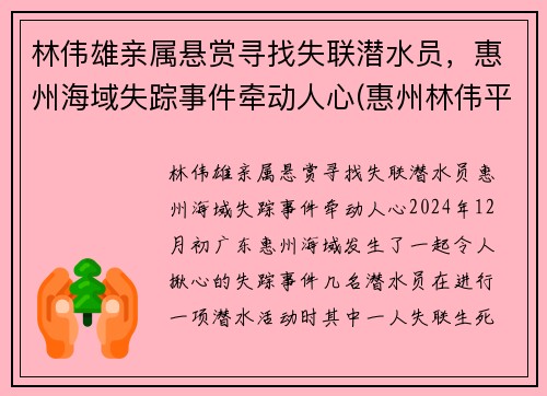 林伟雄亲属悬赏寻找失联潜水员，惠州海域失踪事件牵动人心(惠州林伟平)