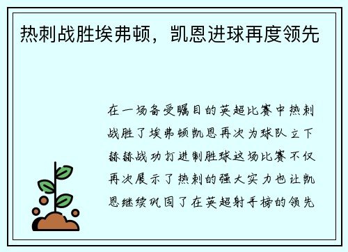 热刺战胜埃弗顿，凯恩进球再度领先