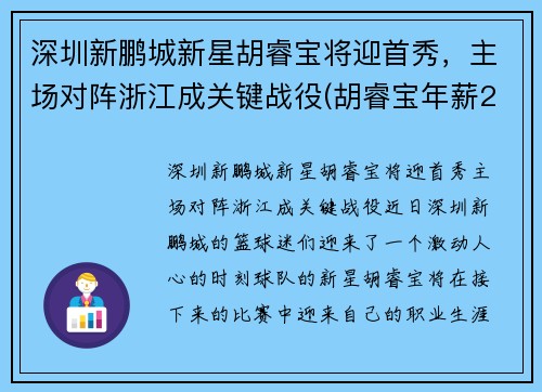 深圳新鹏城新星胡睿宝将迎首秀，主场对阵浙江成关键战役(胡睿宝年薪2700万)
