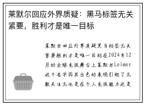 莱默尔回应外界质疑：黑马标签无关紧要，胜利才是唯一目标