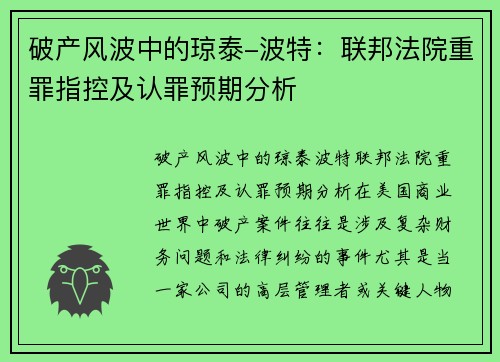 破产风波中的琼泰-波特：联邦法院重罪指控及认罪预期分析