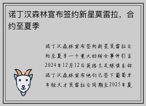 诺丁汉森林宣布签约新星莫雷拉，合约至夏季