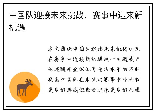 中国队迎接未来挑战，赛事中迎来新机遇