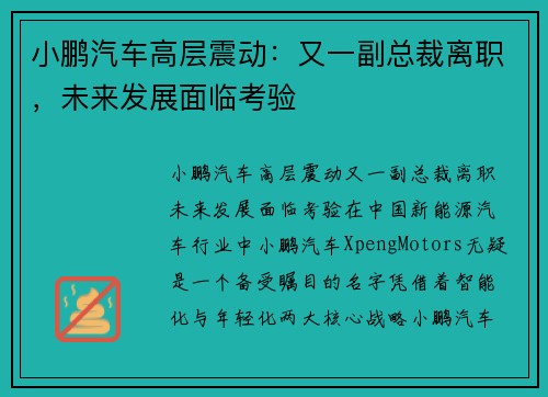 小鹏汽车高层震动：又一副总裁离职，未来发展面临考验
