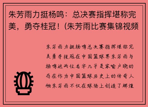 朱芳雨力挺杨鸣：总决赛指挥堪称完美，勇夺桂冠！(朱芳雨比赛集锦视频)